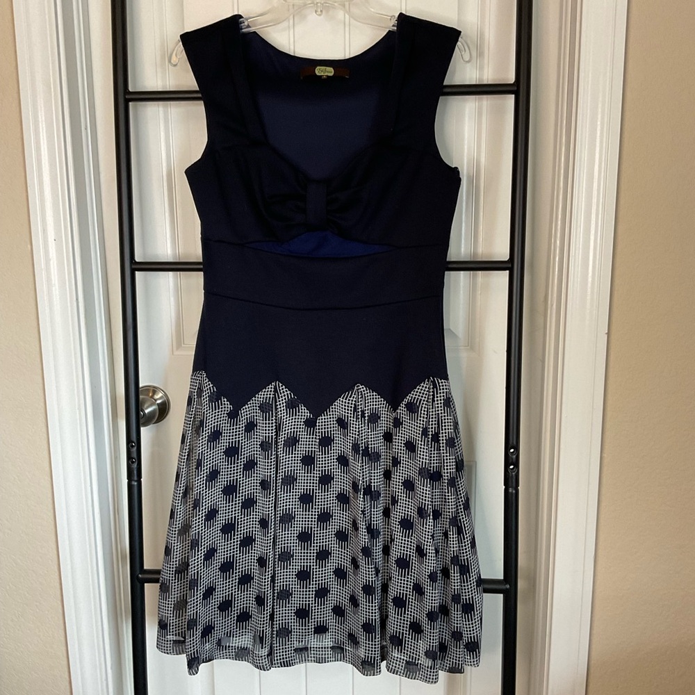 Eva Franco Navy & White Fit & Flare Dress Size 8 – Bow Detail, Retro Mod Style